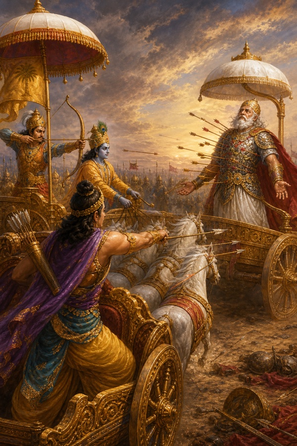 शिखंडी और अर्जुन रथ से भीष्म पर बाण साधे हुए, बिंधे भीष्म बाहें फैलाए खड़े।