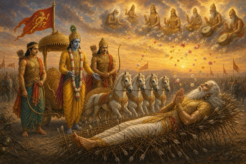 बाणों की शय्या पर हाथ जोड़े लेटे भीष्म, पास कृष्ण और पांडव खड़े, आकाश में देवता पुष्प बरसाते हुए।