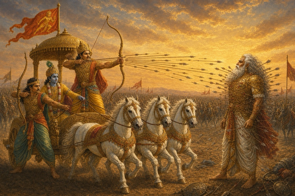 कृष्ण के रथ से अर्जुन बाणों की झड़ी चलाते हुए, सामने बिंधे भीष्म शांत खड़े।