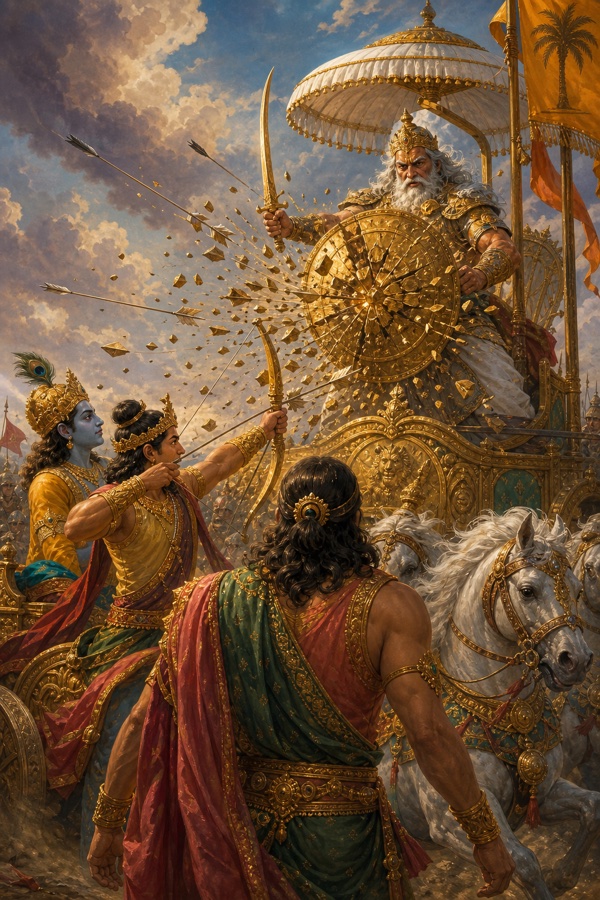 भीष्म रथ पर तलवार और स्वर्ण ढाल लिए हुए, बाणों से ढाल टूटकर बिखरती हुई।