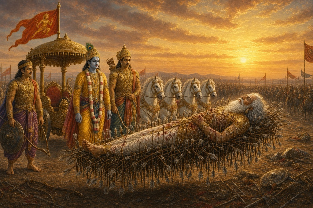 सूर्यास्त के समय बाणों की शय्या पर लेटे भीष्म, पास कृष्ण, अर्जुन और शिखंडी खड़े।
