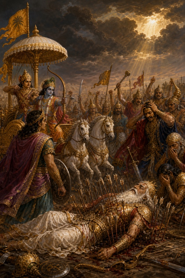 शरशय्या पर पड़े भीष्म के चारों ओर शोक करते योद्धा, पीछे रथ पर कृष्ण और अर्जुन।