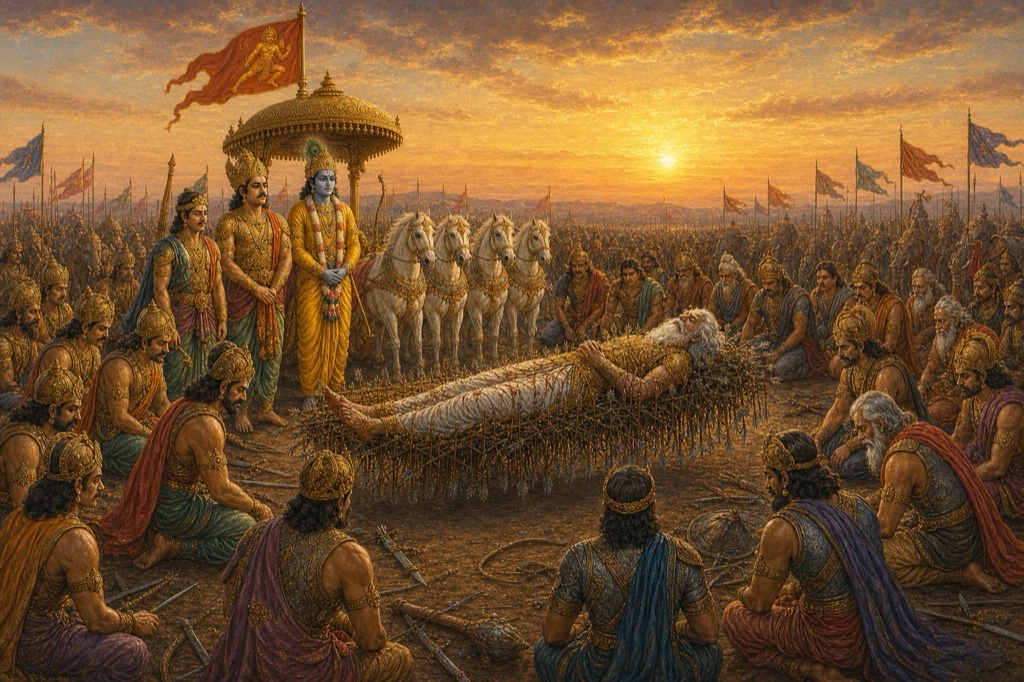 दोनों सेनाओं के योद्धा शरशय्या पर लेटे भीष्म के चारों ओर बैठे, पास कृष्ण खड़े।