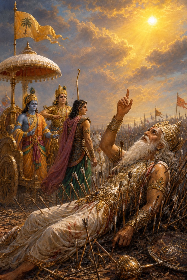 शरशय्या पर लेटे भीष्म आकाश में सूर्य की ओर उंगली उठाए हुए, पीछे कृष्ण और योद्धा।
