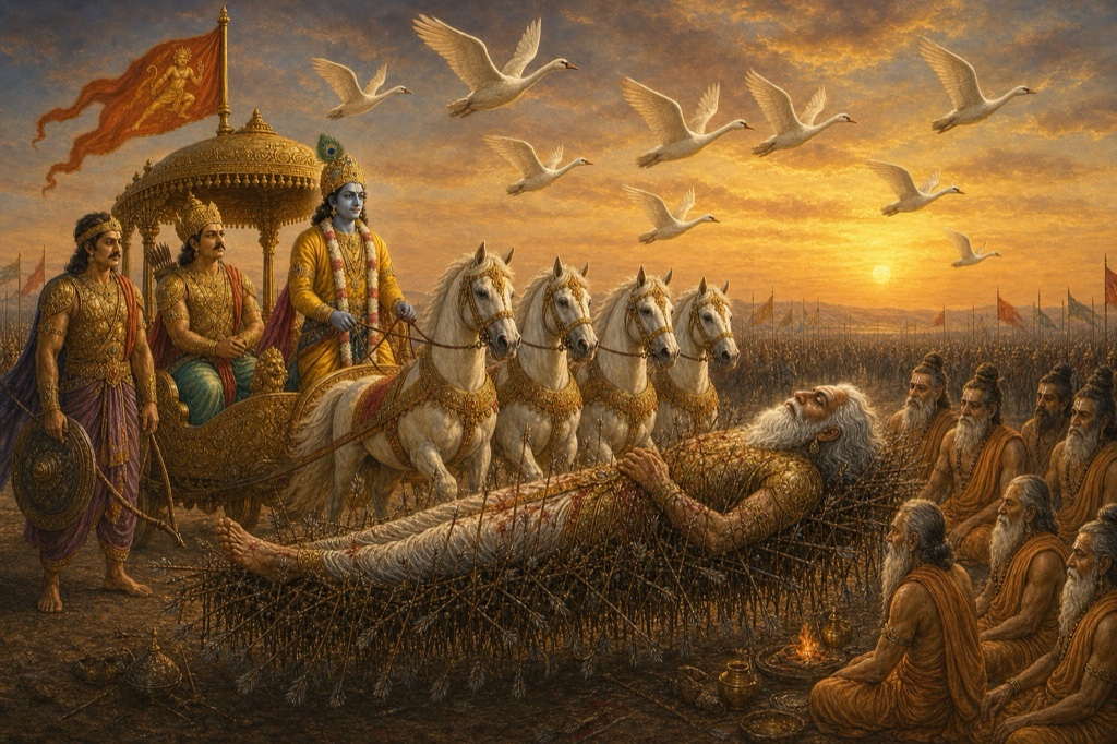 शरशय्या पर लेटे भीष्म के ऊपर उड़ते हंस, पास ऋषि बैठे और कृष्ण का रथ खड़ा।