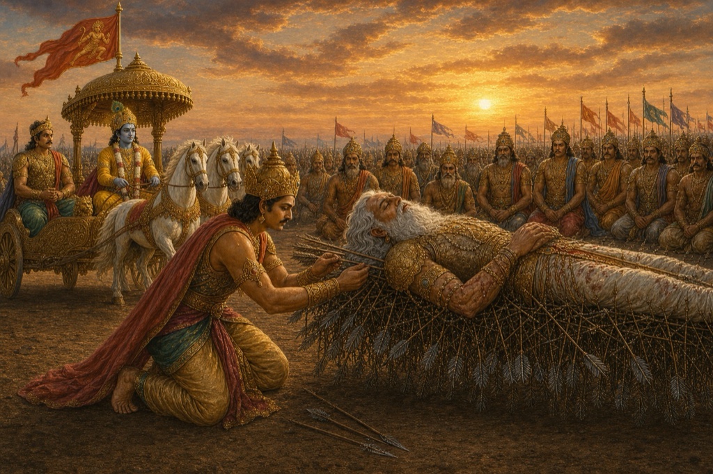 अर्जुन घुटनों के बल बैठकर भीष्म के सिर के नीचे बाणों का तकिया लगाते हुए, चारों ओर योद्धा बैठे।