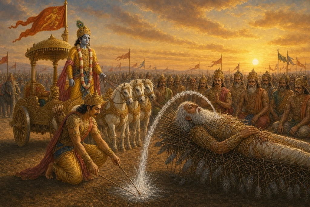 अर्जुन के बाण से भूमि से फूटकर जलधारा शरशय्या पर लेटे भीष्म के मुख तक पहुंचती हुई।