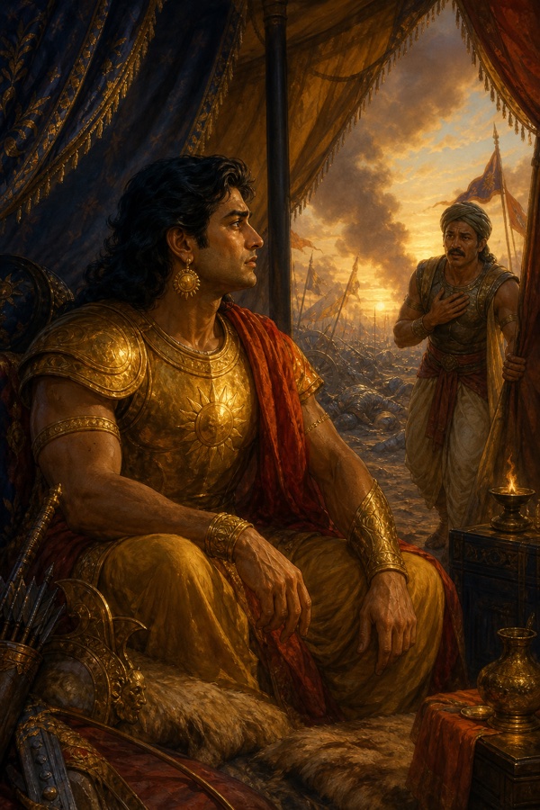 कर्ण स्वर्ण कवच पहने शिविर में चिंतित बैठे हुए, बाहर युद्धभूमि से एक दूत आता हुआ।