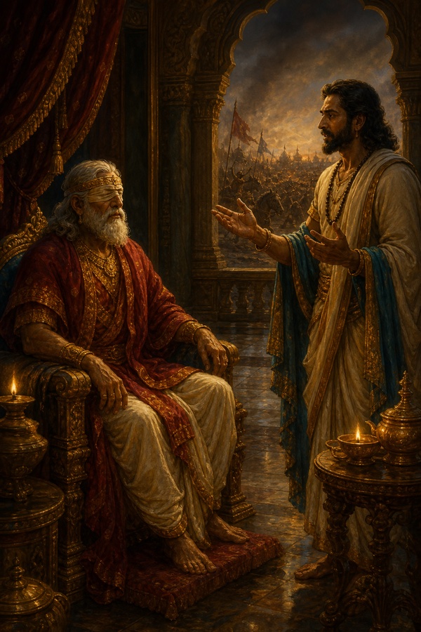 संजय महल में सिंहासन पर बैठे धृतराष्ट्र को युद्ध का वृत्तांत सुनाते हुए, खिड़की के बाहर युद्धभूमि।