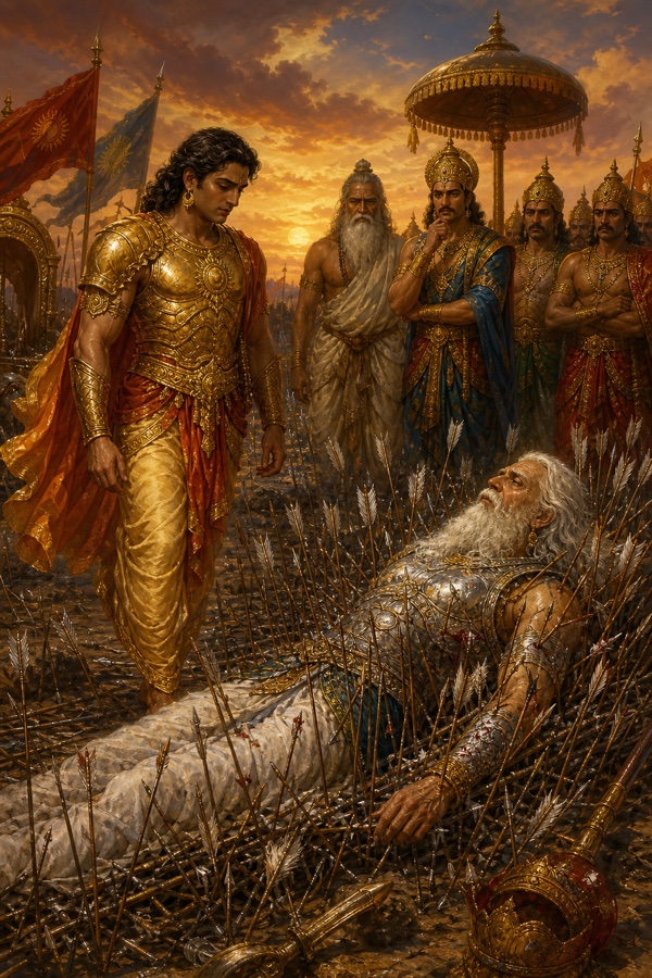 कर्ण शरशय्या पर लेटे भीष्म के पास खड़े हुए, पीछे शोक में डूबे कौरव योद्धा।