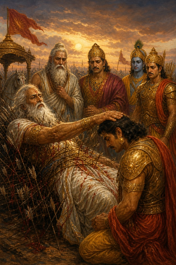 घुटनों के बल बैठे कर्ण को भीष्म सिर पर हाथ रखकर आशीर्वाद देते हुए, पीछे कृष्ण और योद्धा।