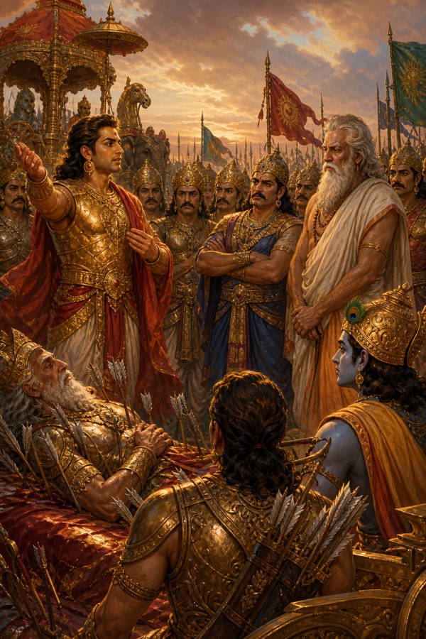 दुर्योधन हाथ उठाकर एकत्र राजाओं को संबोधित करते हुए, आगे शरशय्या पर भीष्म और पास कृष्ण।