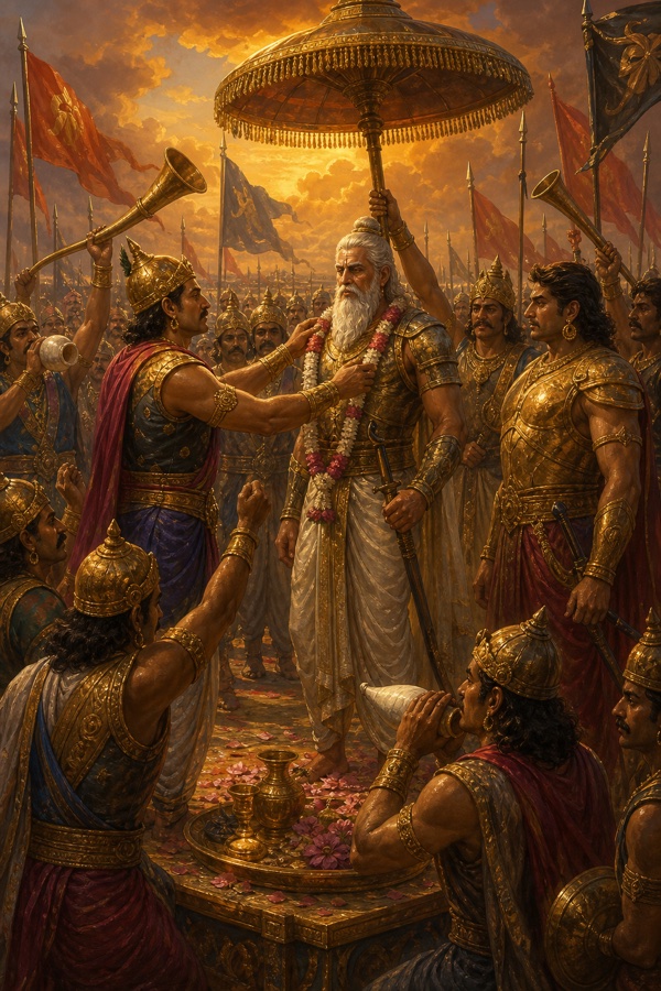 द्रोणाचार्य का सेनापति अभिषेक, योद्धा माला पहनाते और शंख तुरही बजाते हुए, ऊपर स्वर्ण छत्र।
