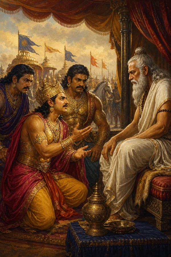 दुर्योधन बैठे हुए द्रोणाचार्य के सामने घुटने टेककर दोनों हाथ फैलाकर निवेदन करते हुए, पीछे योद्धा खड़े।