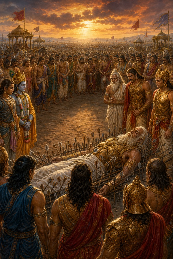 दोनों सेनाओं के असंख्य योद्धा शरशय्या पर लेटे भीष्म को घेरकर खड़े, बाईं ओर कृष्ण।