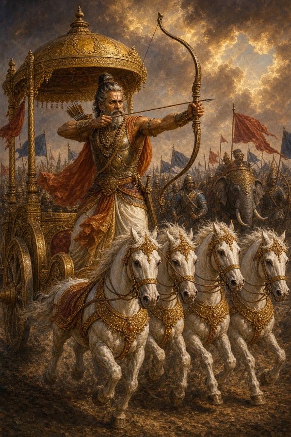 द्रोणाचार्य श्वेत घोड़ों वाले रथ पर धनुष तानकर बाण साधे हुए, पीछे हाथी और सेना।