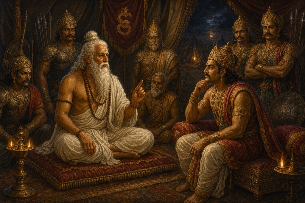 रात्रि शिविर में द्रोणाचार्य आसन पर बैठकर चिंतित दुर्योधन और योद्धाओं से मंत्रणा करते हुए।