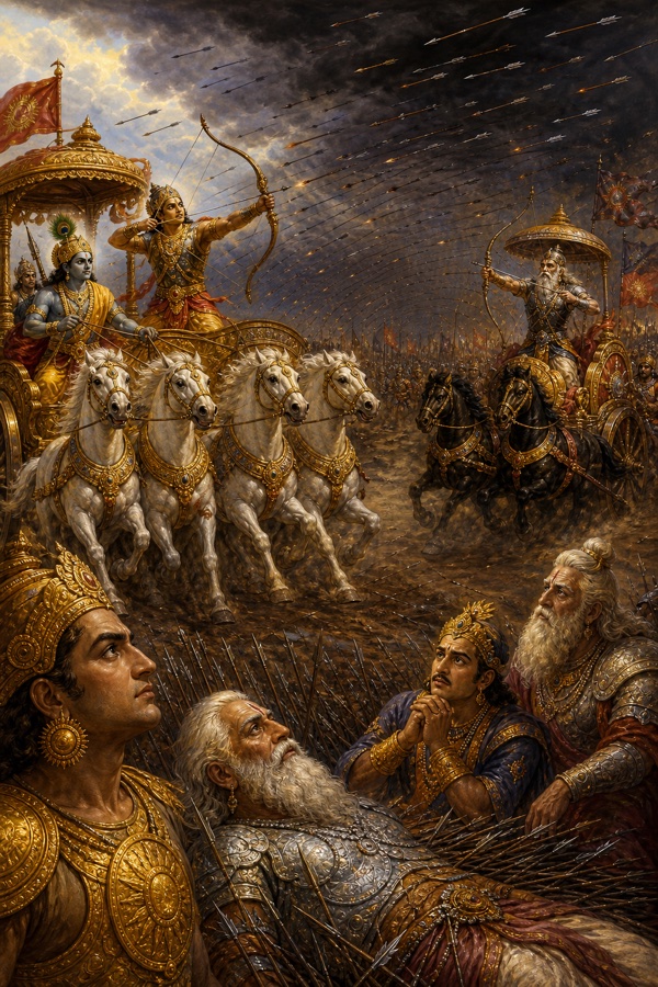 कृष्ण के रथ पर अर्जुन बाण बरसाते हुए और सामने काले घोड़ों के रथ पर द्रोणाचार्य धनुष ताने।