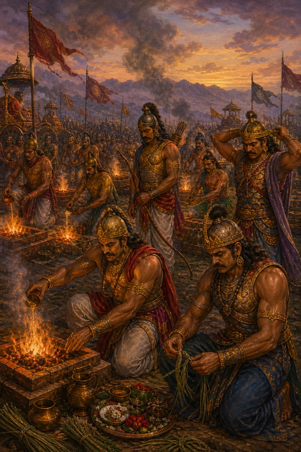 संशप्तक योद्धा युद्धभूमि में छोटी वेदियों पर अग्नि जलाकर आहुति देते और कुश बांधते हुए।