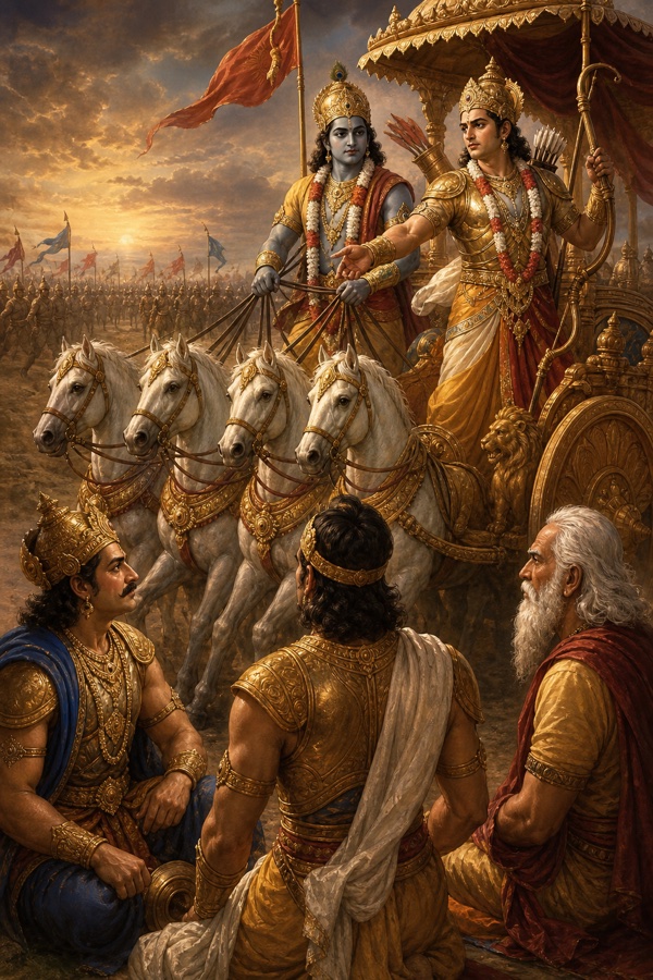 कृष्ण रथ से सामने बैठे योद्धाओं की ओर हाथ बढ़ाकर कुछ कहते हुए, पास अर्जुन खड़े।