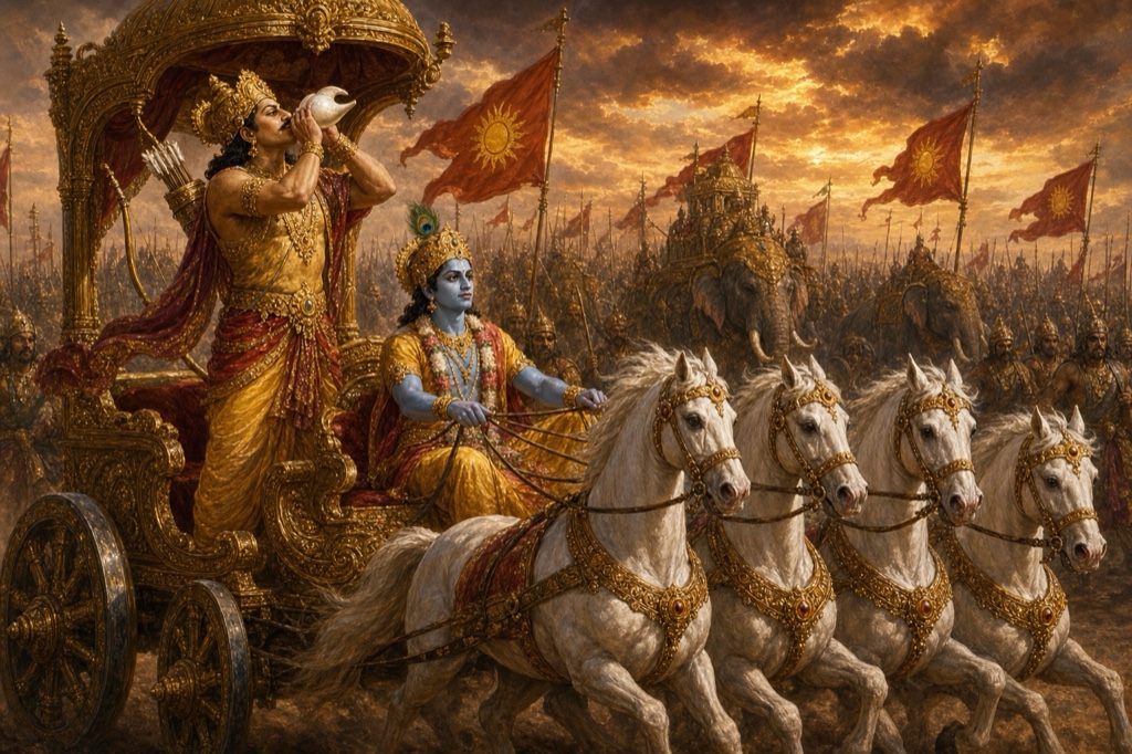 अर्जुन रथ पर शंख बजाते हुए, कृष्ण घोड़ों की रास थामे, चारों ओर लाल ध्वज और हाथी।