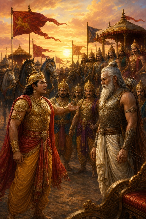 सूर्यास्त की छावनी में युवा अभिमन्यु वृद्ध श्वेतदाढ़ी योद्धा के सम्मुख हाथ बढ़ाकर आग्रहपूर्वक बोलता हुआ