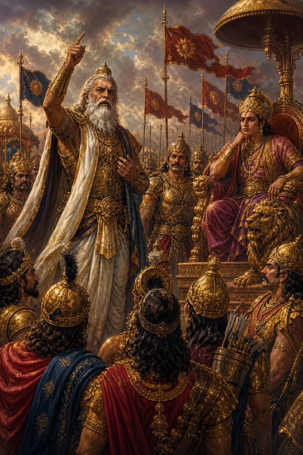 श्वेतदाढ़ी द्रोणाचार्य आकाश की ओर उंगली उठाकर सिंहासन पर बैठे दुर्योधन के सामने व्यूह की घोषणा करते हुए