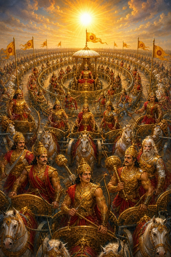 उगते सूर्य के नीचे चक्रव्यूह की वलयाकार सैन्य रचना, केंद्र में छत्रधारी रथ पर सेनापति