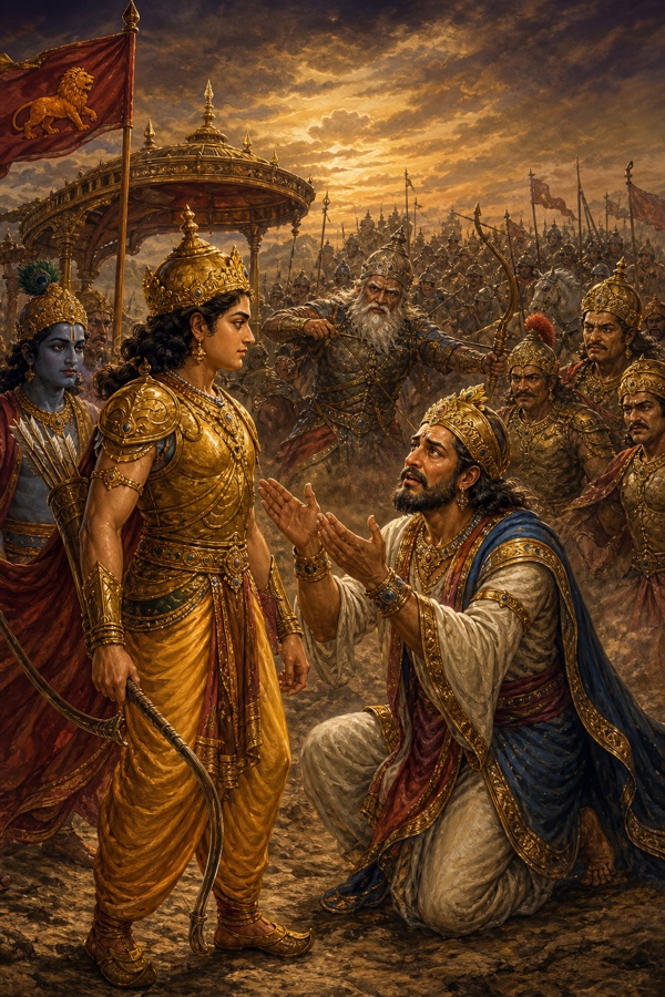घुटनों पर बैठा योद्धा स्वर्ण कवचधारी अभिमन्यु से हाथ जोड़कर विनती करता हुआ, पीछे युद्ध की हलचल