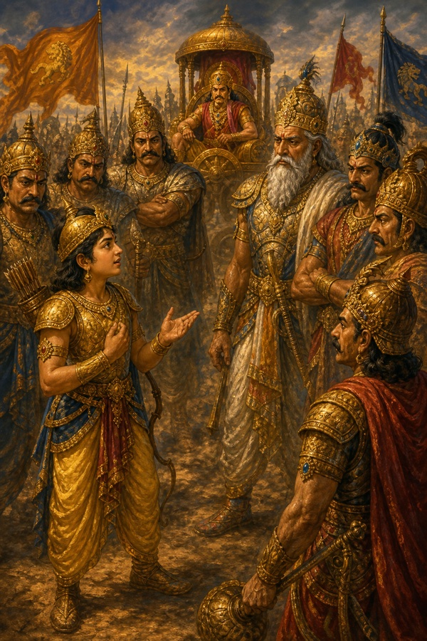 वरिष्ठ योद्धाओं के घेरे में खड़ा किशोर अभिमन्यु छाती पर हाथ रखकर अपनी बात कहता हुआ