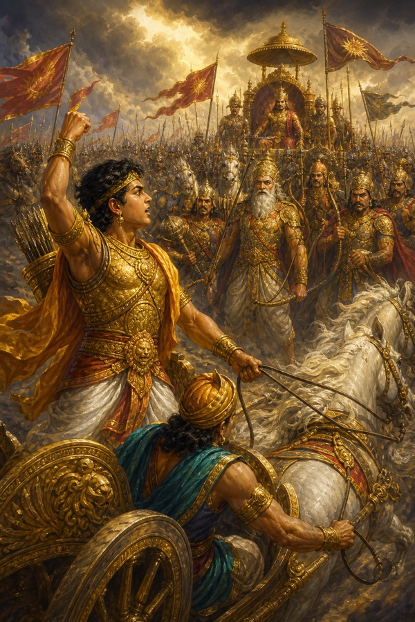 रथ पर खड़ा अभिमन्यु मुट्ठी उठाकर ललकारता हुआ, सामने वृद्ध सेनापति सहित कौरव योद्धाओं की पंक्तियां