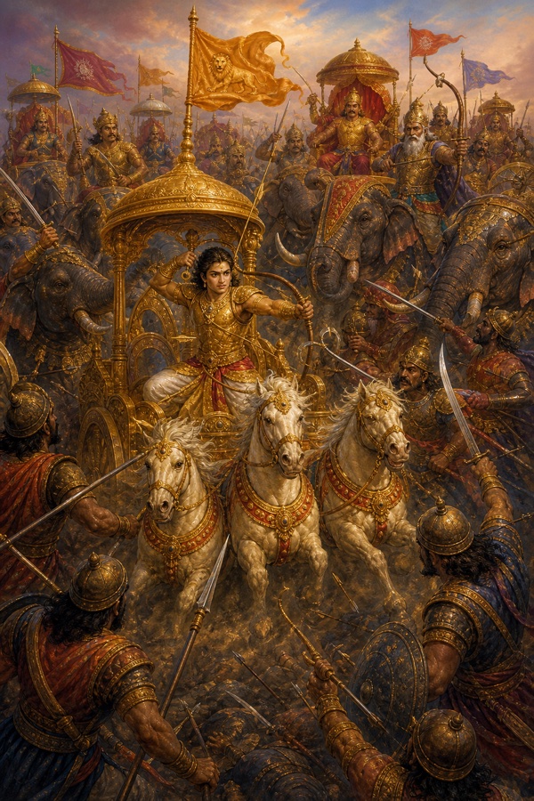 हाथियों और तलवारधारी सैनिकों की भीड़ के बीच रथ दौड़ाता अभिमन्यु व्यूह में मार्ग बनाता हुआ