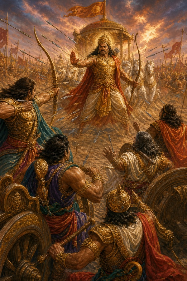 व्यूह के द्वार पर हथेली उठाए जयद्रथ पांडव योद्धाओं के रथों को आगे बढ़ने से रोकता हुआ
