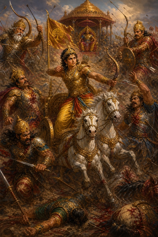 चारों ओर से घेरकर आक्रमण करते कौरव महारथियों के बीच रथ पर अकेला लड़ता अभिमन्यु