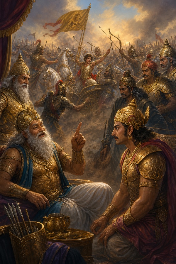 शिविर में वृद्ध राजपुरुष उंगली उठाकर युवा योद्धा से बात करता हुआ, पीछे रण में लड़ता अभिमन्यु