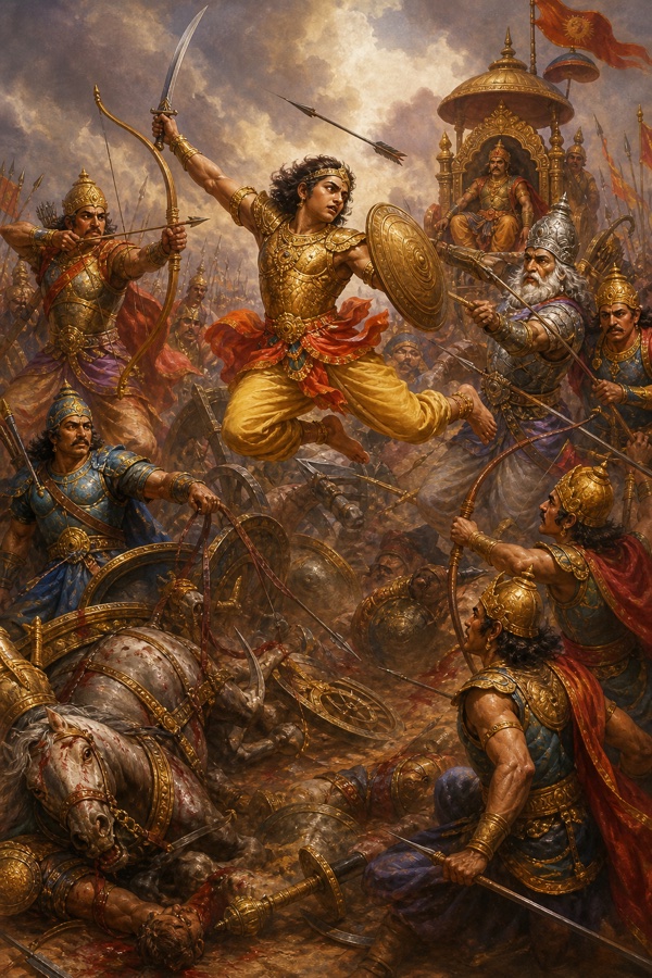 रथ छिन जाने पर तलवार और ढाल लेकर हवा में उछलकर लड़ता अभिमन्यु, चारों ओर घेरते शत्रु