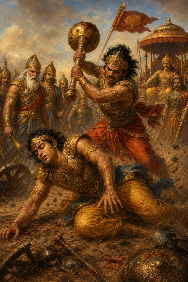 गदा उठाए दुःशासन-पुत्र भूमि पर गिरे घायल अभिमन्यु पर अंतिम प्रहार करने को तत्पर, वृद्ध योद्धा देखते हुए