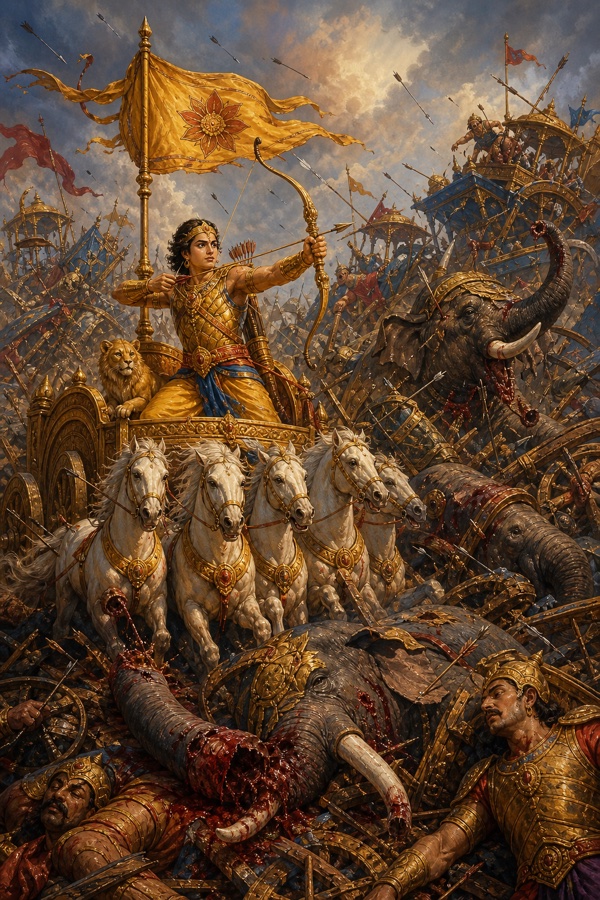 चार श्वेत अश्वों के रथ से बाण चलाता अभिमन्यु, आगे गिरते हाथी और बिखरती कौरव सेना