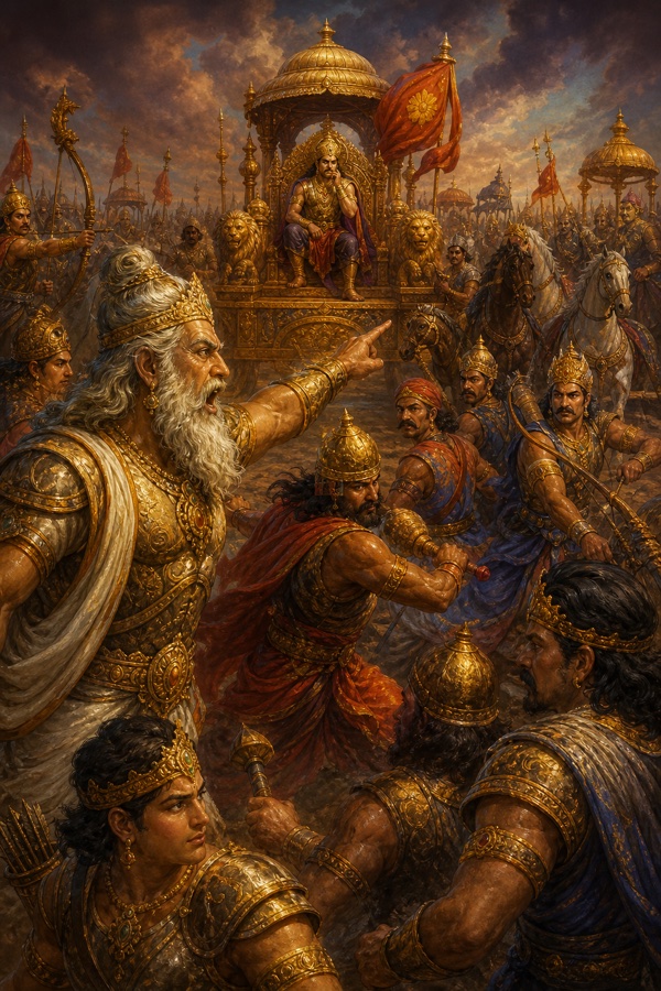 श्वेतदाढ़ी सेनापति सभा में हाथ उठाकर चिंतित बैठे राजा से कुछ कहता हुआ, चारों ओर सशस्त्र योद्धा