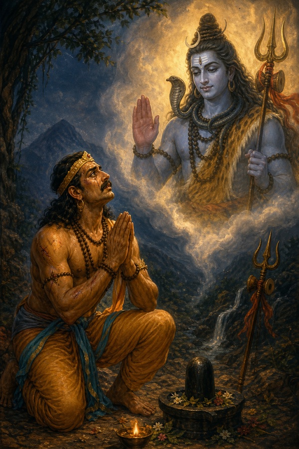शिवलिंग के सम्मुख हाथ जोड़कर तपस्या करता जयद्रथ, आकाश में प्रकट त्रिशूलधारी शिव आशीर्वाद देते हुए