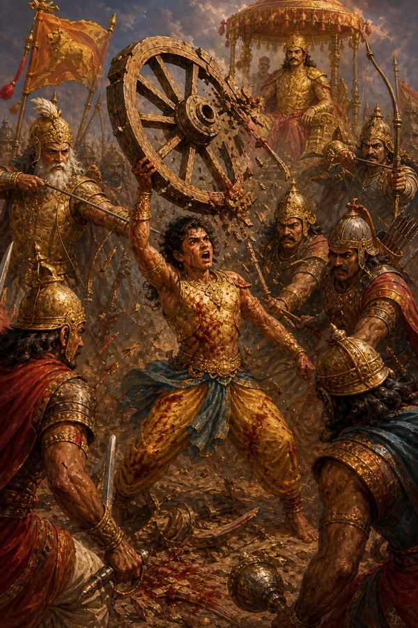 रक्तरंजित अभिमन्यु एक हाथ से पहिया उठाए गर्जना करता हुआ, चारों ओर तलवारें लिए झपटते शत्रु
