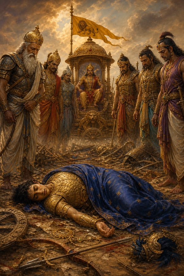 नीले वस्त्र से ढके अभिमन्यु के पार्थिव शरीर के चारों ओर शोक में डूबे योद्धा मौन खड़े