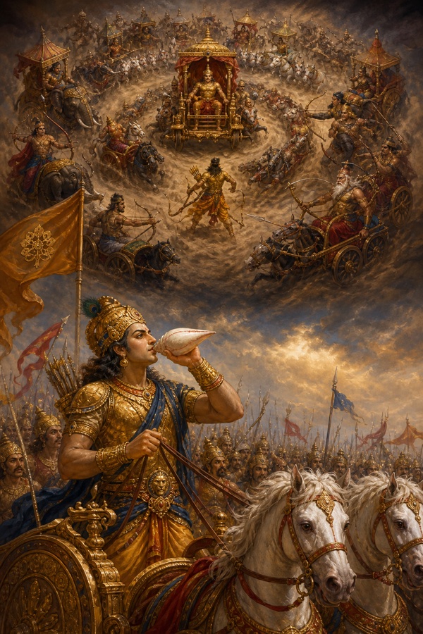 रथ पर शंख फूंकता योद्धा, आकाश की छवि में चक्रव्यूह के घेरों में अकेला लड़ता अभिमन्यु