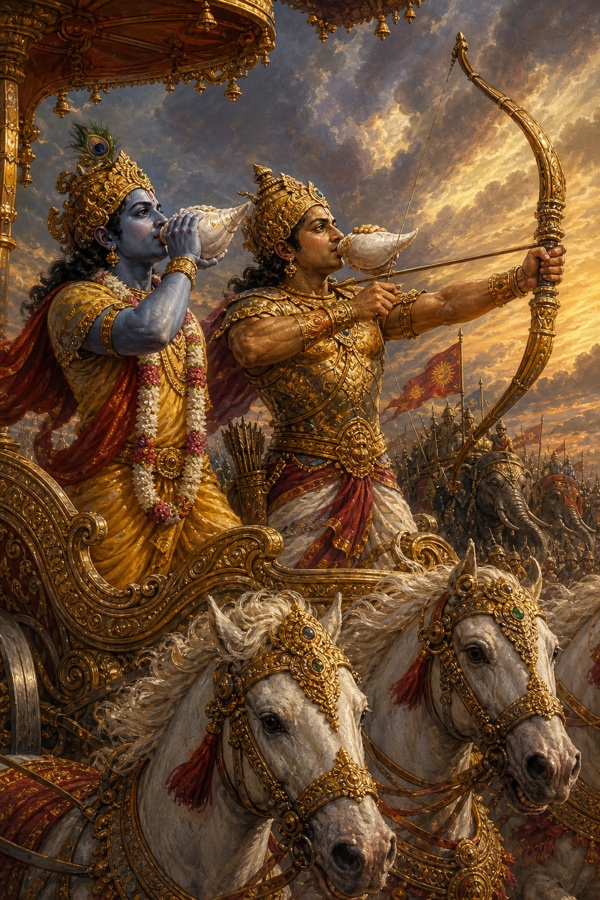 रथ पर शंख फूंकते कृष्ण और धनुष साधे अर्जुन, पीछे ध्वजों से भरी सेना युद्ध को बढ़ती हुई