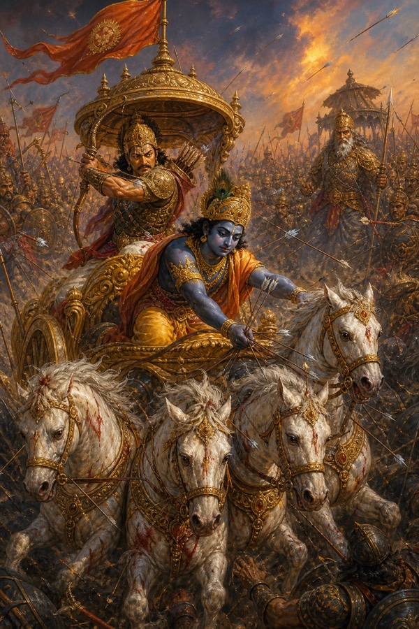 बाणों से बिंधे रथ के श्वेत अश्वों की रास थामे झुके कृष्ण, पीछे धनुष ताने लड़ता अर्जुन