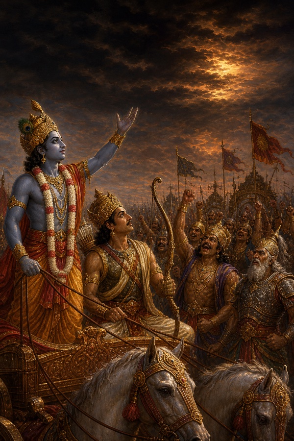 कृष्ण हाथ उठाकर सूर्य ढकते हुए, अंधेरा देख उल्लास में डूबे कौरव योद्धा और धनुष थामे अर्जुन