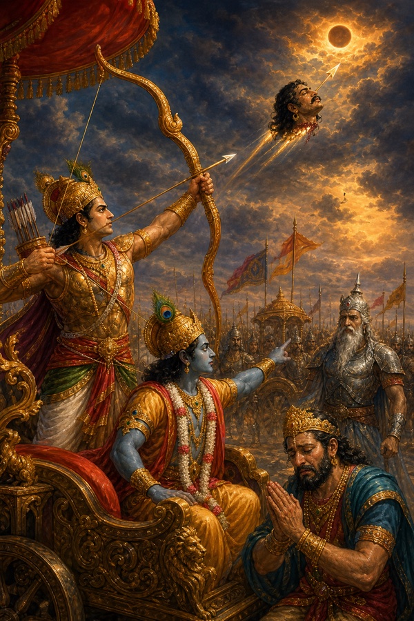 सूर्य प्रकट होते ही अर्जुन का बाण जयद्रथ का कटा सिर आकाश में ले जाता हुआ, कृष्ण संकेत करते हुए