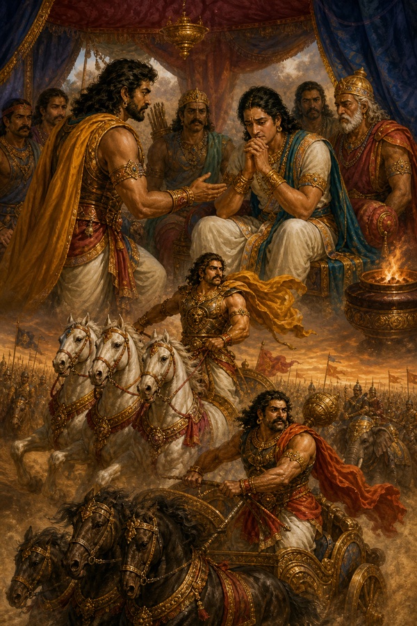 ऊपर शिविर में रोते राजा को घेरे योद्धा, नीचे रण की ओर वेग से रथ दौड़ाते दो योद्धा