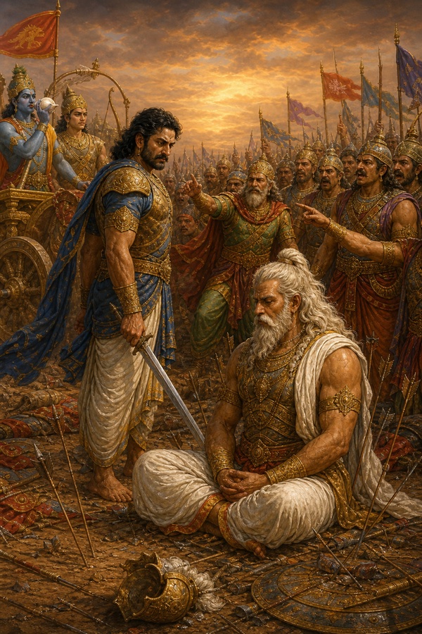 ध्यान में बैठे वृद्ध भूरिश्रवा के पास तलवार लिए खड़ा सात्यकि, विरोध में हाथ उठाते योद्धा