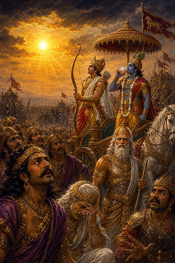विजय के बाद रथ पर धनुष उठाए अर्जुन और शंख फूंकते कृष्ण, नीचे स्तब्ध शोकाकुल कौरव योद्धा